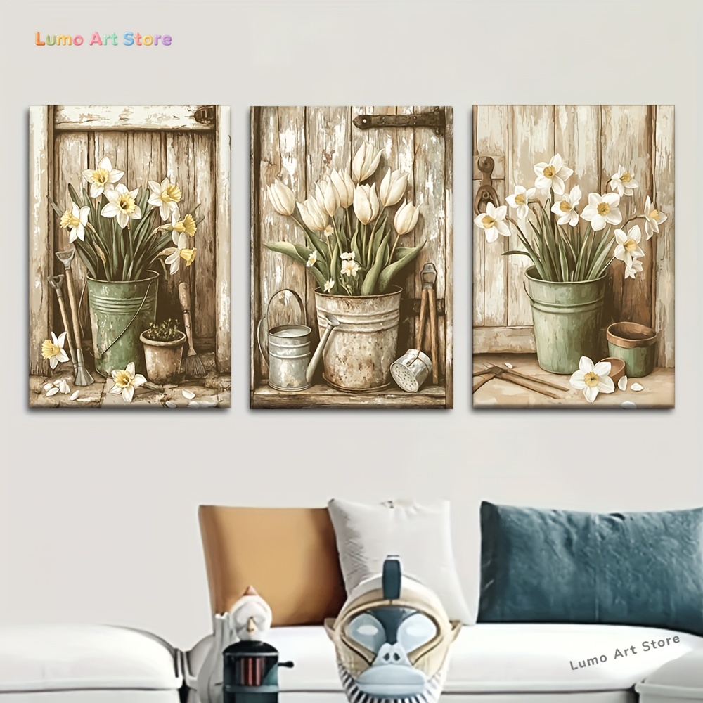 Gardening Tools Drawing - 2D Flat, 3pcs/set, Canvas Painting--Unframed, Vintage